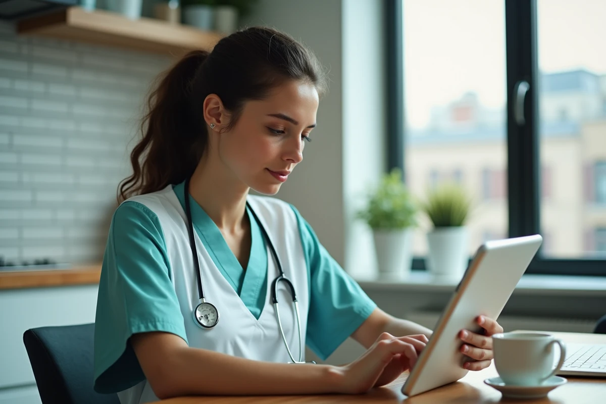 Infirmière consultant ses emails professionnels Zimbra du CHU de Reims sur une tablette depuis son domicile en toute sécurité