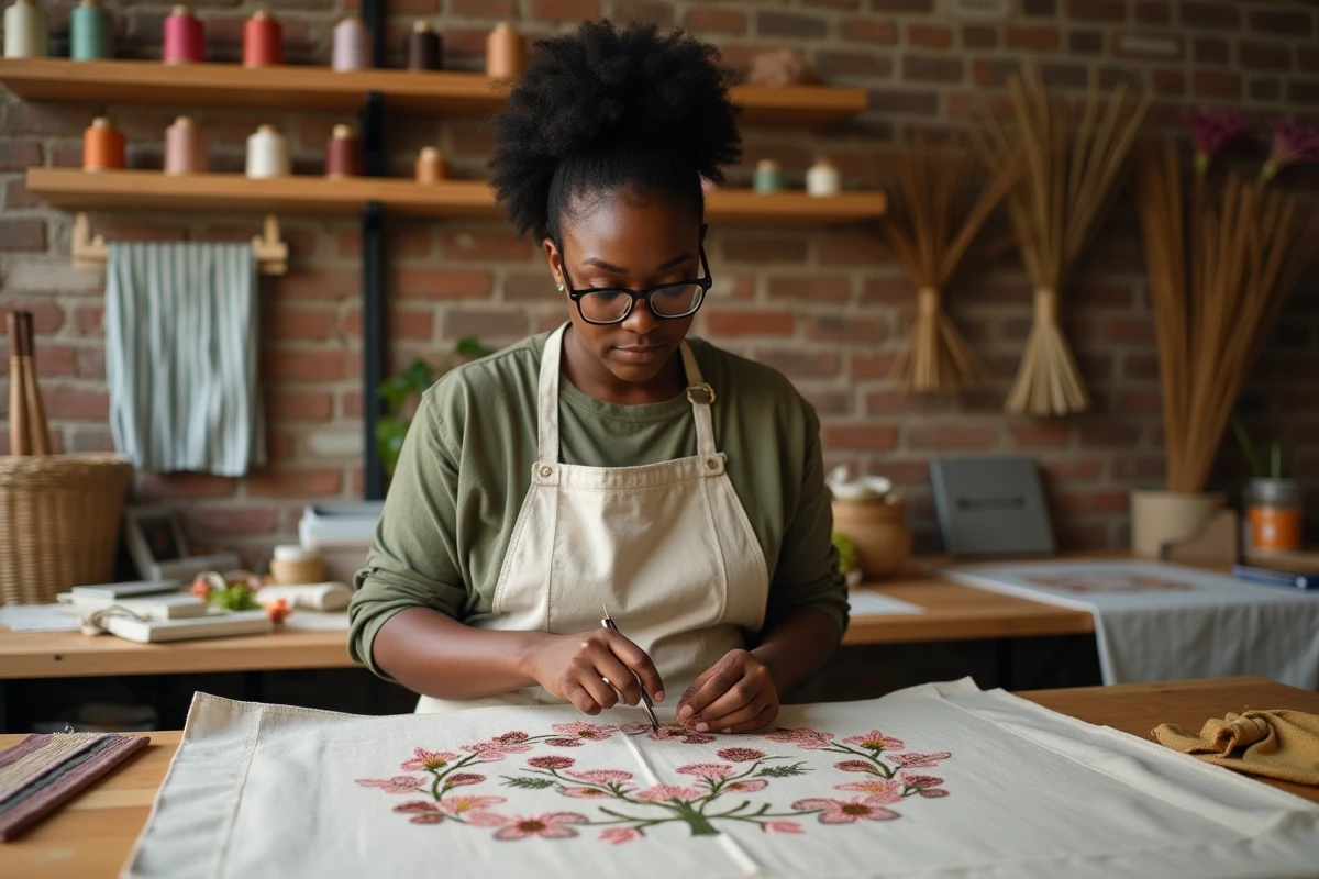 Artisane couturière brodant à la main des motifs floraux botaniques sur un tissu en chanvre dans un atelier de mode éthique
