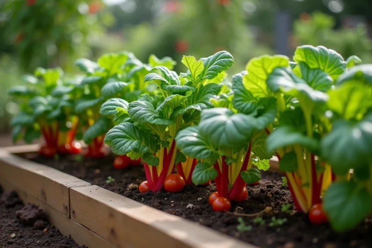 Association de blettes et tomates dans un potager surélevé avec des plants productifs et un sol riche