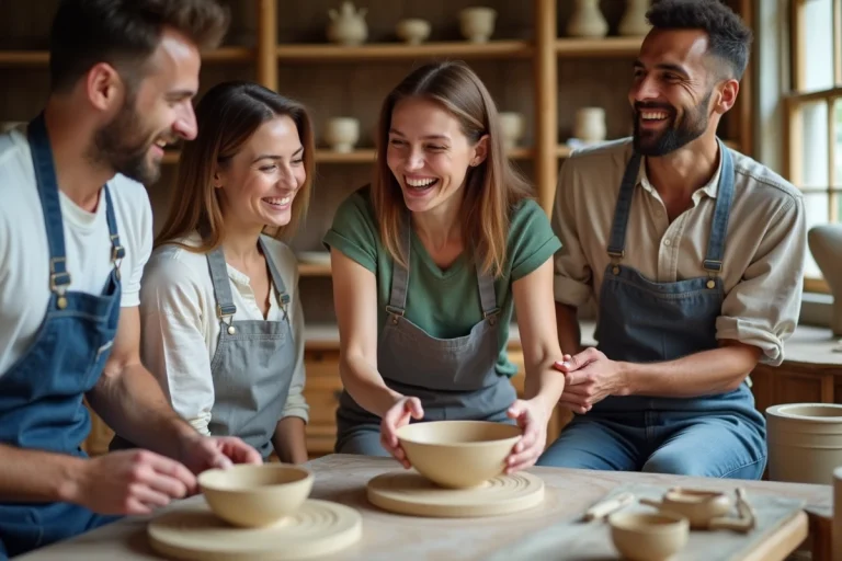 Groupe de quatre adultes apprenant la poterie ensemble