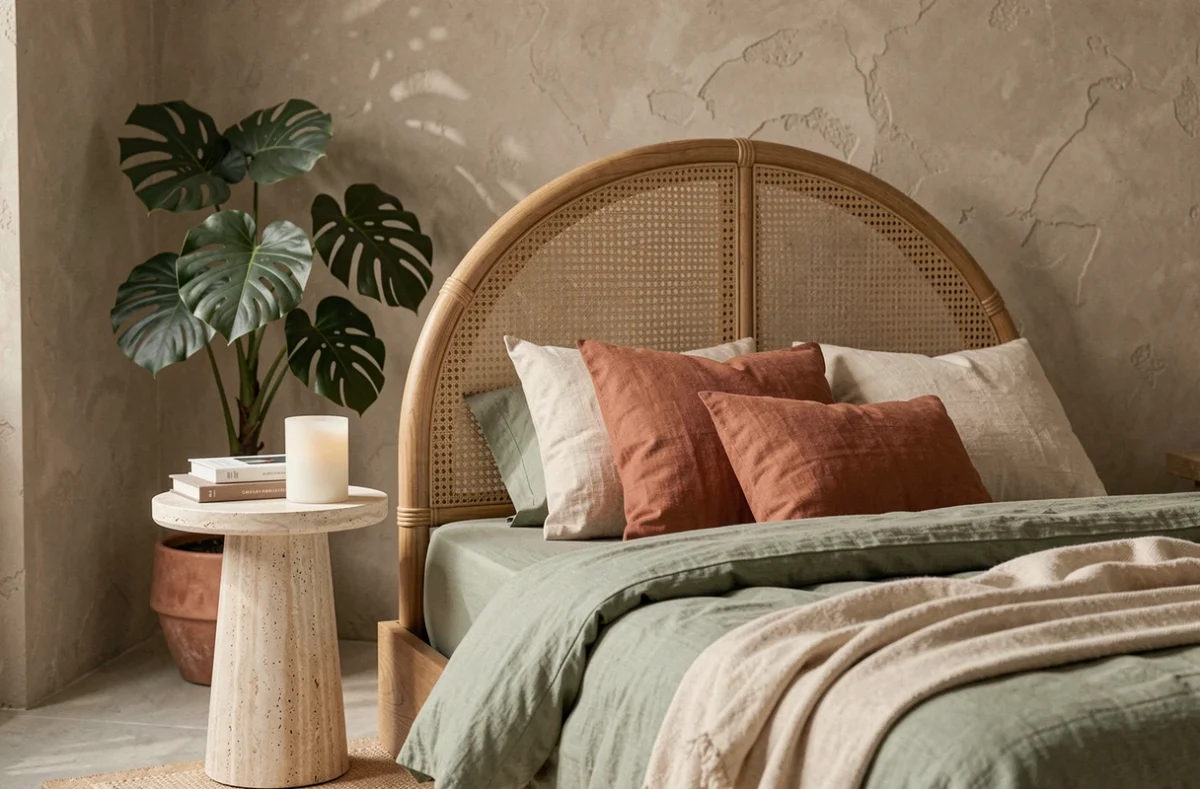Chambre contemporaine tendance avec tête de lit en rotin, linge de lit en lin sauge et table de chevet en travertin