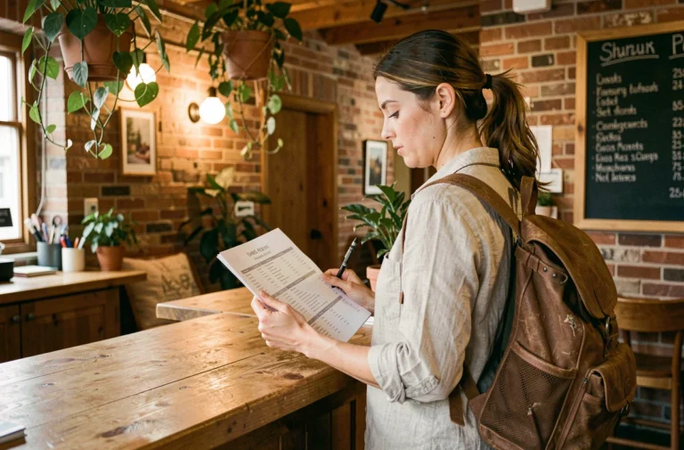 Voyageuse examinant ses options d'hébergement à la réception d'un hostel boutique lors d'un tour du monde
