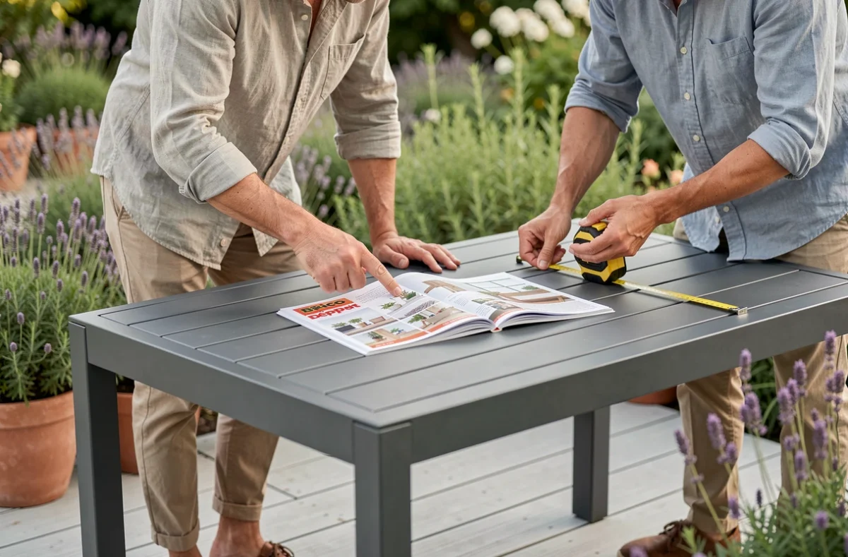 Couple choisissant une table de jardin en aluminium anthracite sur une terrasse en composite