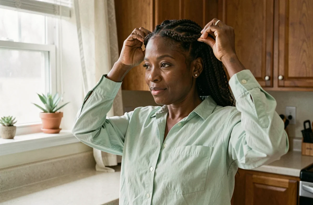 Femme aux cheveux crépus réalisant des tresses protectrices dans une cuisine naturelle pour prévenir la casse capillaire