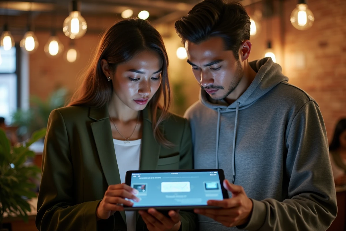 Deux professionnels collaborant sur une interface d'intelligence artificielle dans un espace de coworking moderne, tendances tech