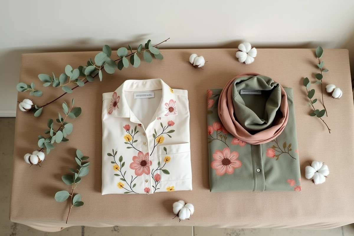 Flat lay d'une collection de vêtements éthiques à motifs floraux sur toile de lin avec accessoires naturels séchés