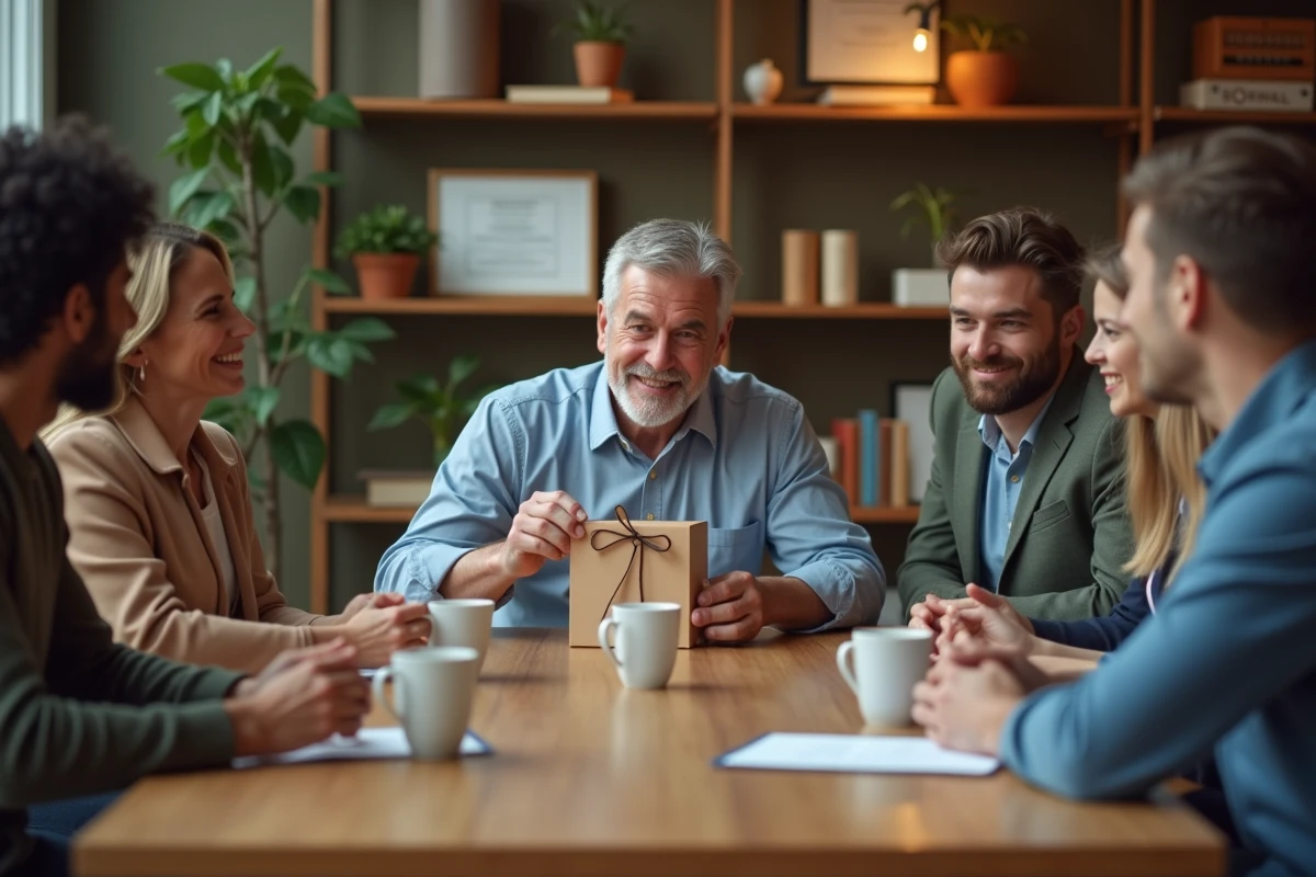 Collegues divers autour d une table recevant un cadeau