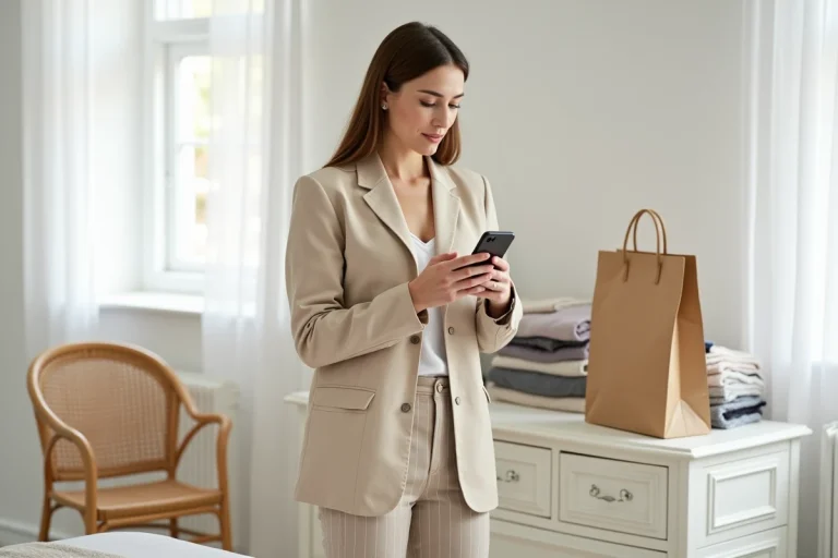 Jeune femme comparant des vêtements Zara et Shein sur smartphone dans une chambre minimaliste moderne