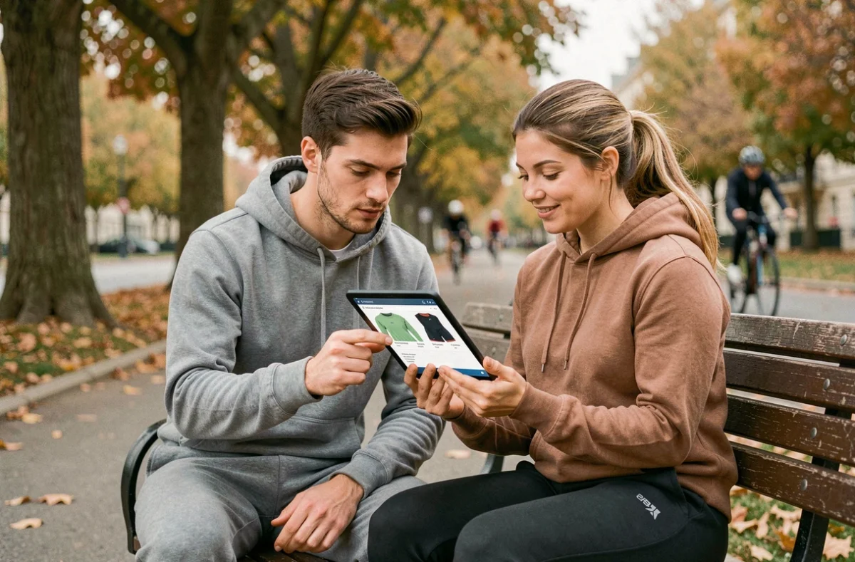 Deux jeunes adultes comparant des équipements sportifs sur une tablette dans un parc urbain français
