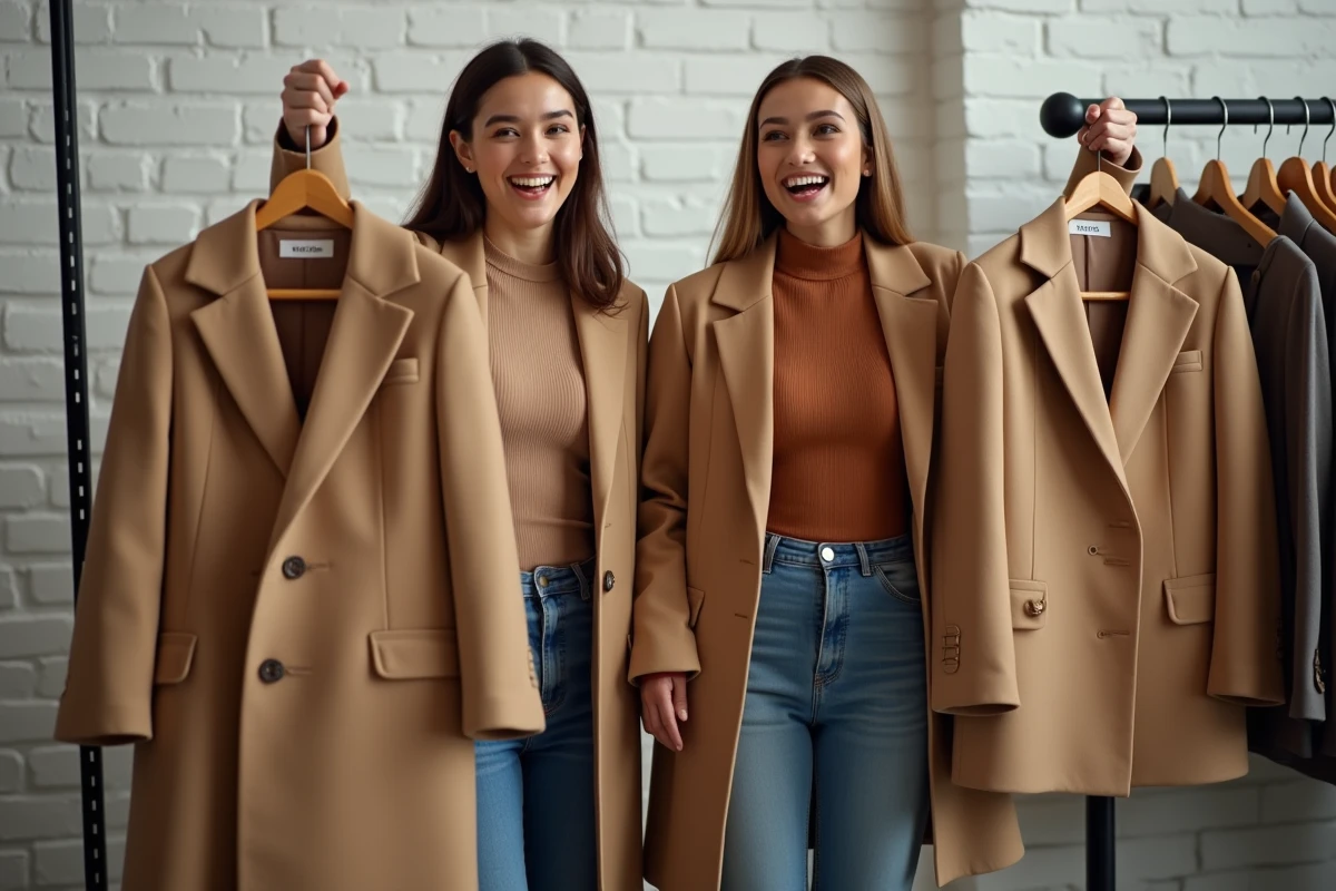 Deux femmes comparant un manteau Zara et son dupe Shein dans une cabine d'essayage style boutique urbaine