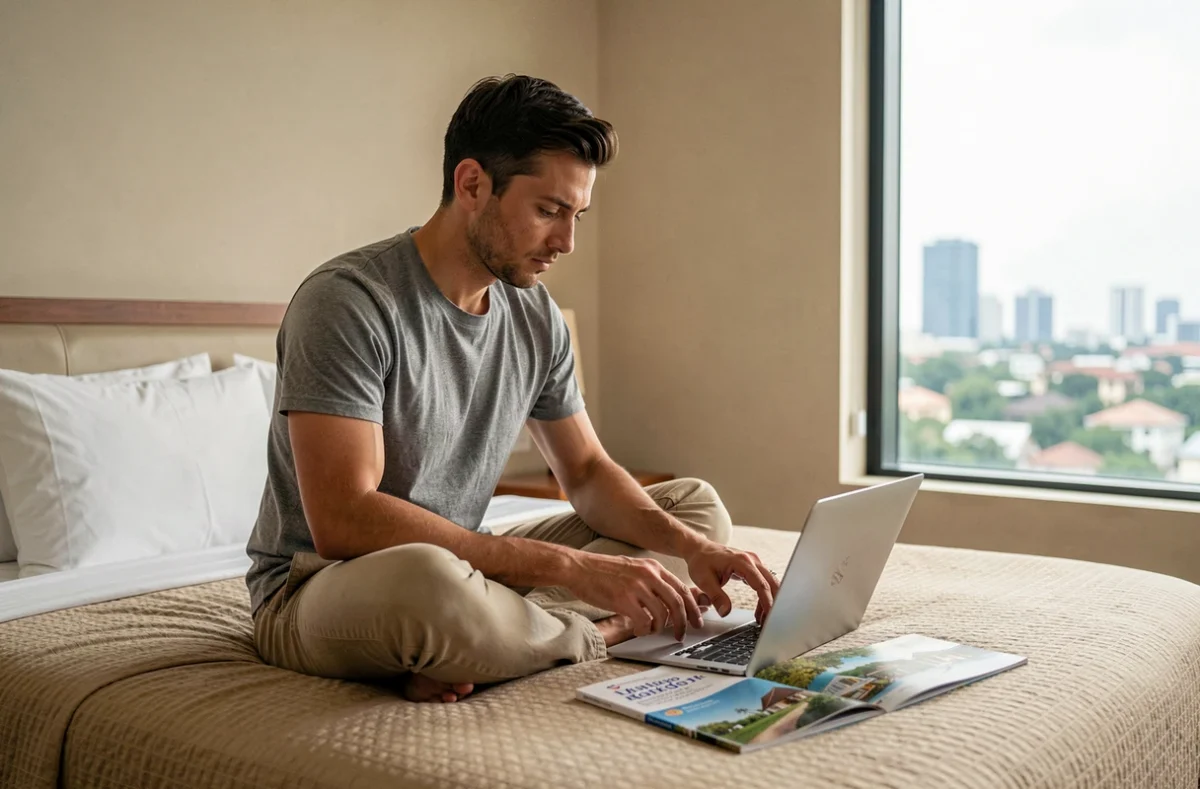 Voyageur comparant des hébergements en ligne depuis sa chambre d'hôtel lors d'un séjour à l'étranger