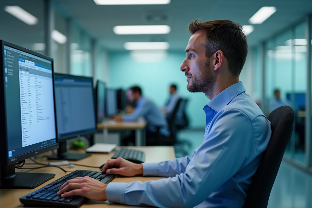Technicien informatique du CHU configurant les paramètres de sécurité de la messagerie Zimbra sur un poste de travail administratif hospitalier