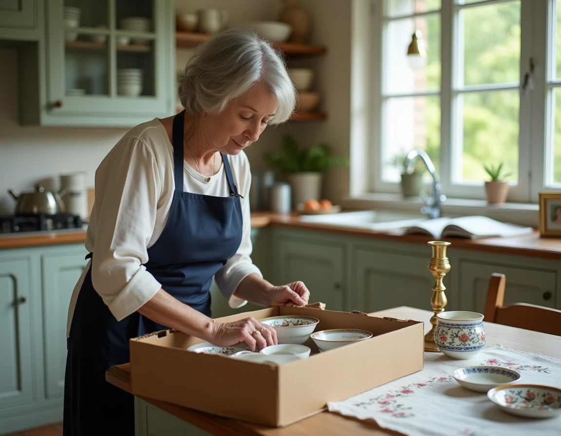 Femme emballant avec soin des objets anciens hérités de sa famille pour les conserver et les transmettre