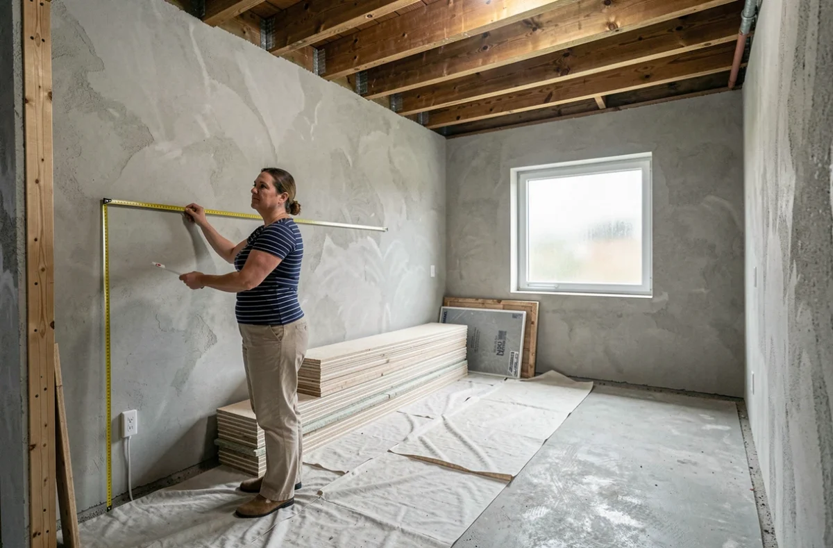 Femme mesurant l'espace intérieur d'un garage en cours de conversion en pièce habitable