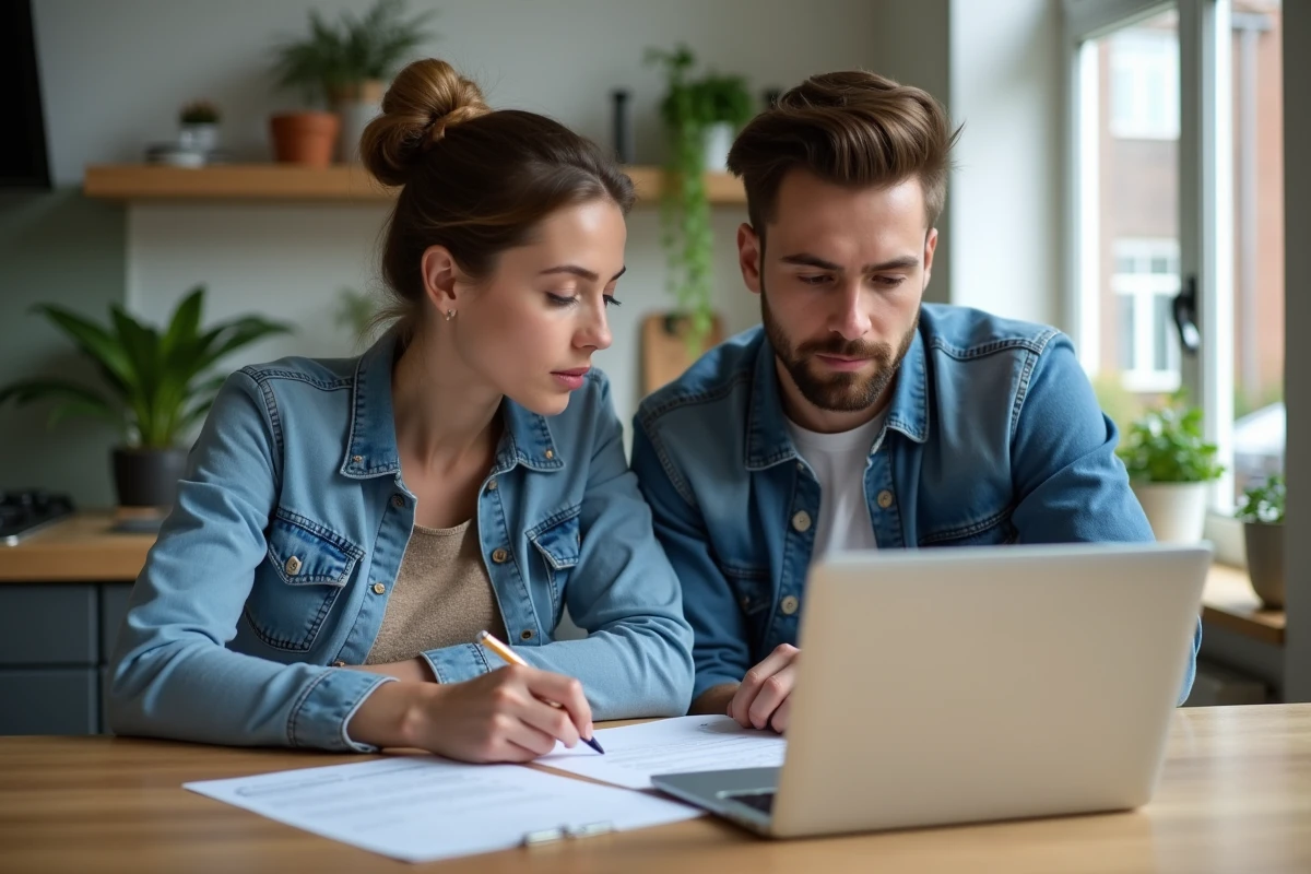 Jeune couple examine documents de vente de voiture à la maison