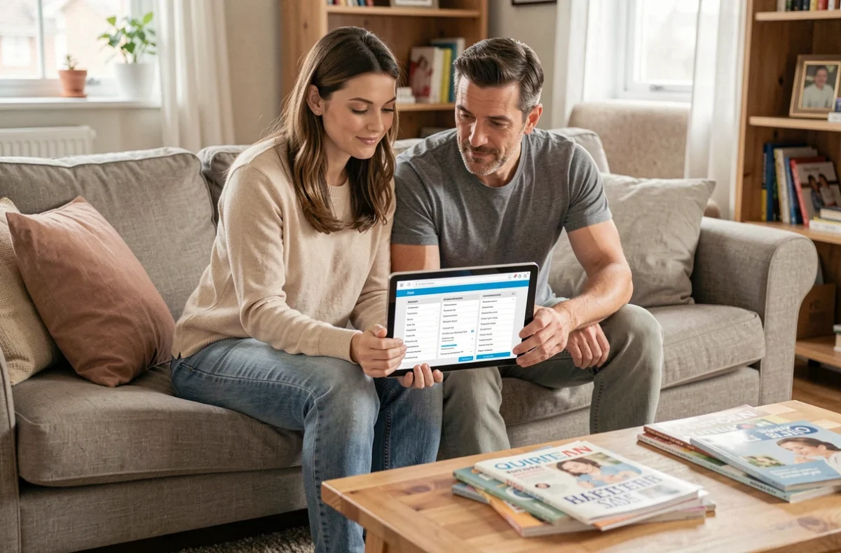 Couple de parents consultant ensemble la page sitemap d'un site familial sur une tablette dans le salon