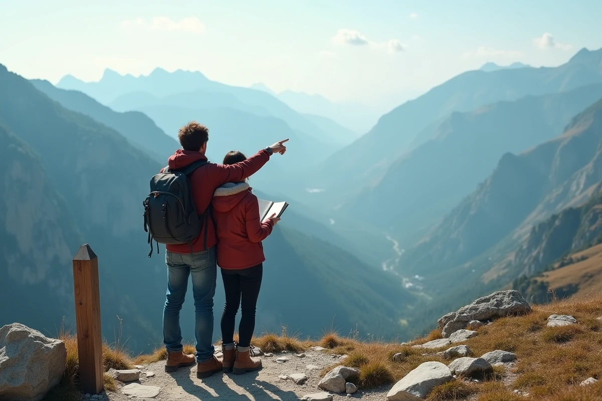 Couple de voyageurs admirant un panorama montagneux lors d'une randonnée dans le cadre de vacances sur mesure