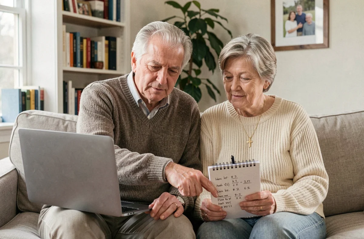 Couple de retraités calculant ensemble leur pension de retraite sur un ordinateur portable au salon