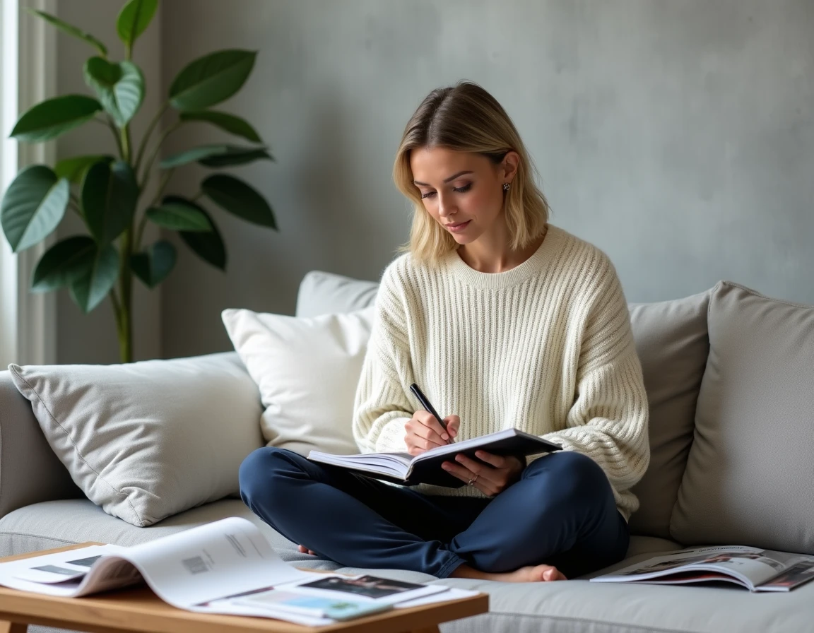 Femme créant son guide de style personnel avec des coupures de magazines et des échantillons de tissu dans un salon minimaliste