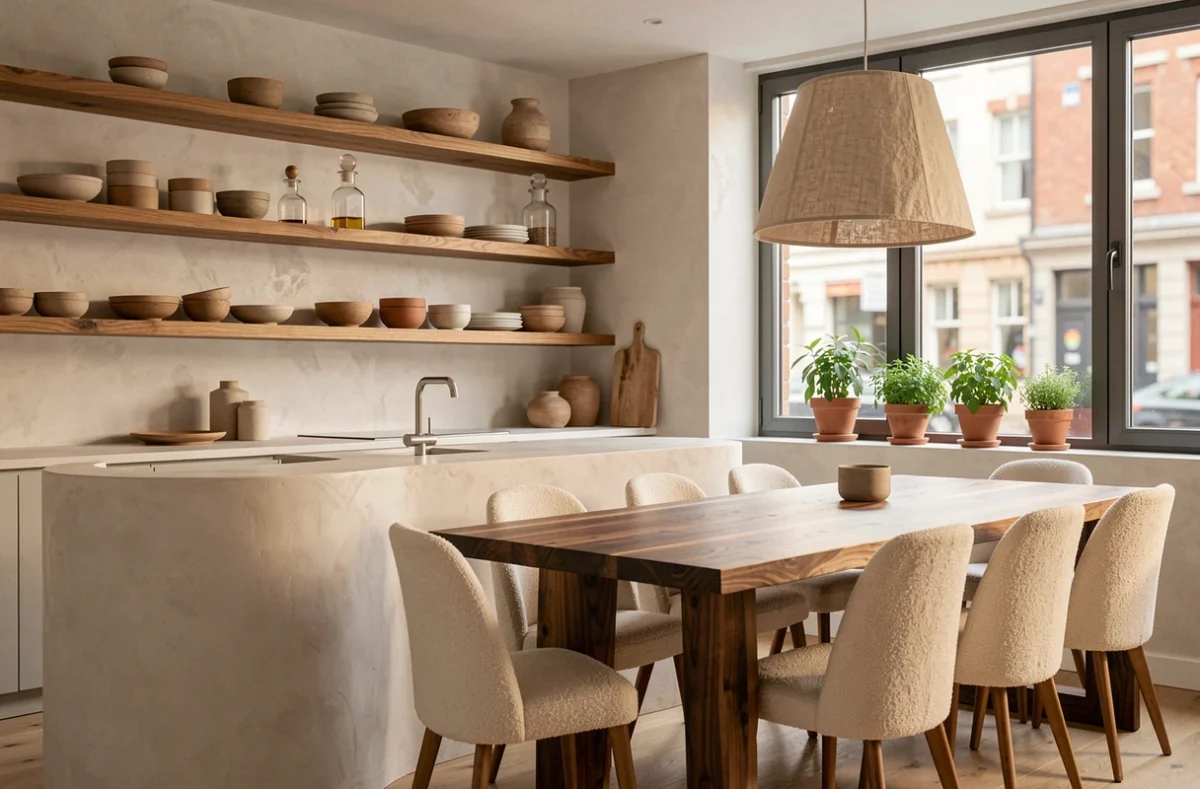 Cuisine et salle à manger tendance en plan ouvert avec îlot en plâtre, étagères en chêne et chaises en bouclé crème