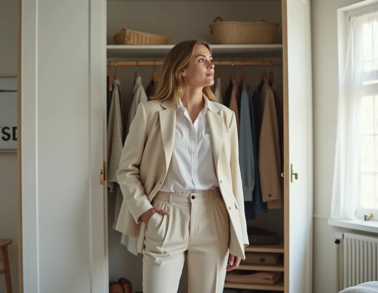 Femme réfléchissant à son style vestimentaire devant une armoire ouverte dans une chambre scandinave lumineuse