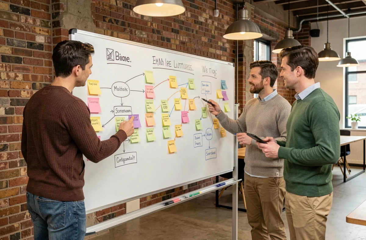 Équipe marketing en réunion collaborative autour d'un tableau blanc rempli de stratégies de contenu