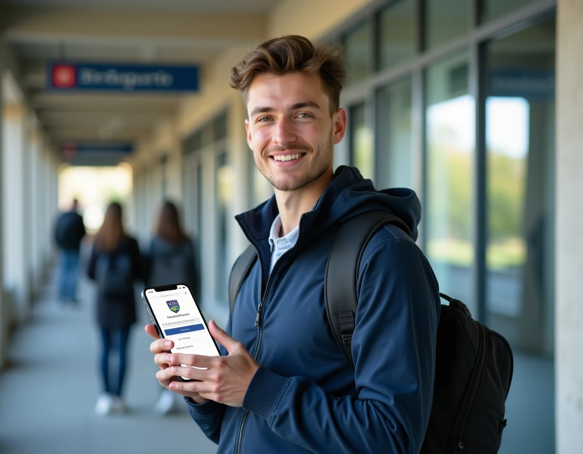 Étudiant accédant à l'ENT de l'Université de Tours sur smartphone dans un couloir du campus