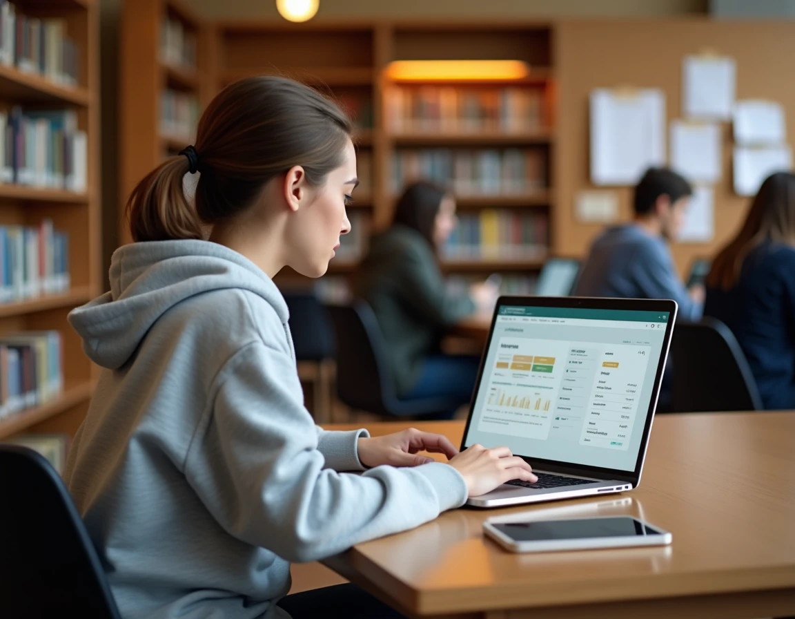 Étudiante consultant l'ENT de l'Université de Tours sur son ordinateur portable dans la bibliothèque universitaire
