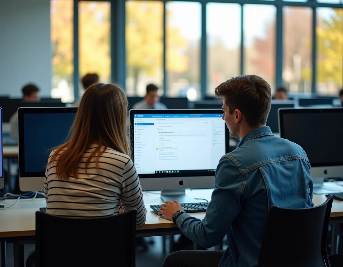 Deux étudiants utilisant l'ENT de l'Université de Tours en salle informatique sur le campus
