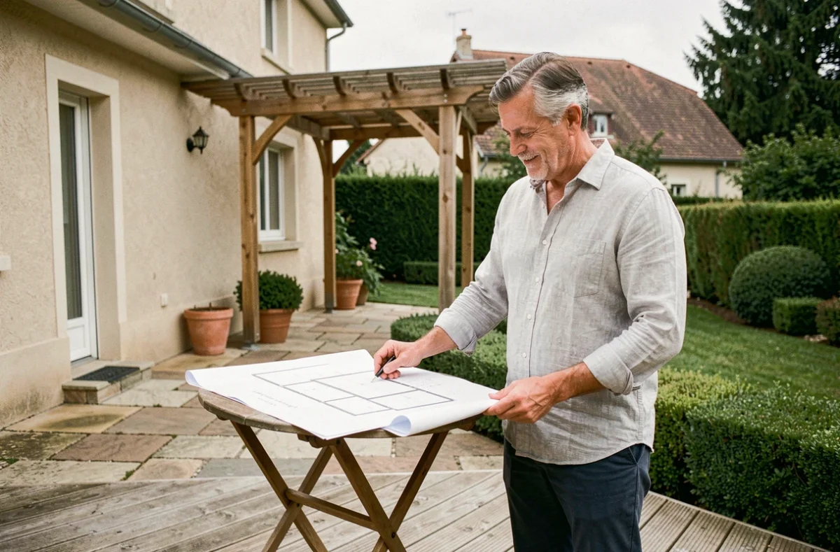 Homme consultant des plans d'extension de maison sur une terrasse en bois dans un jardin résidentiel français