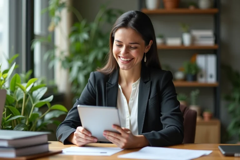 Femme d'affaires confiante avec tablette dans un bureau moderne