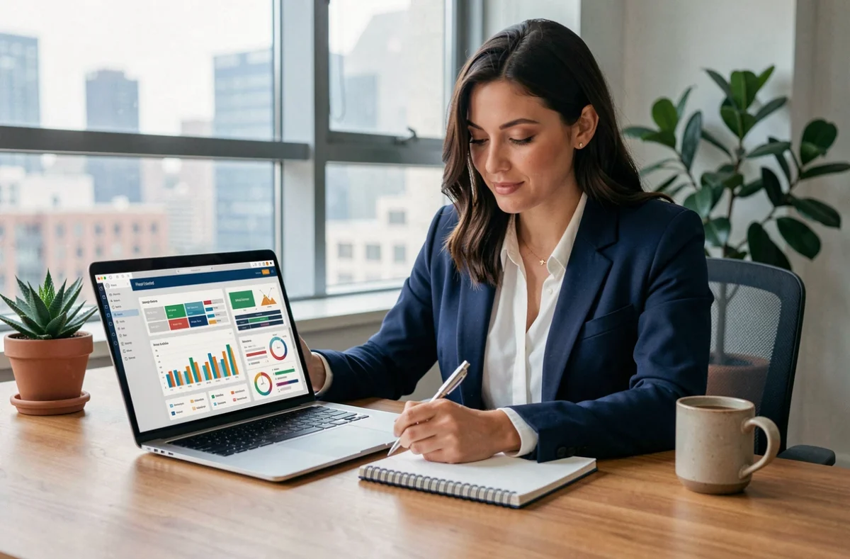 Femme professionnelle analysant des tableaux de bord marketing sur ordinateur portable dans un bureau moderne