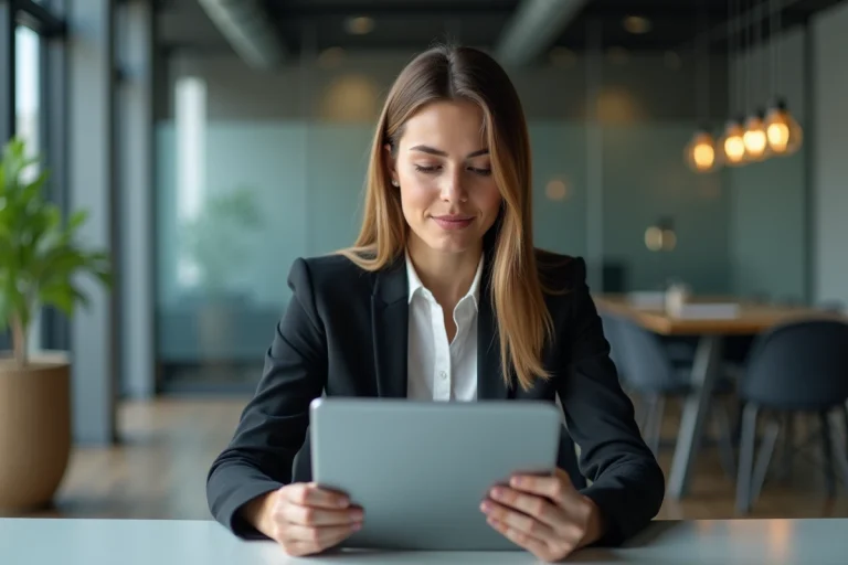 Femme professionnelle utilisant une tablette pour un workflow numérique
