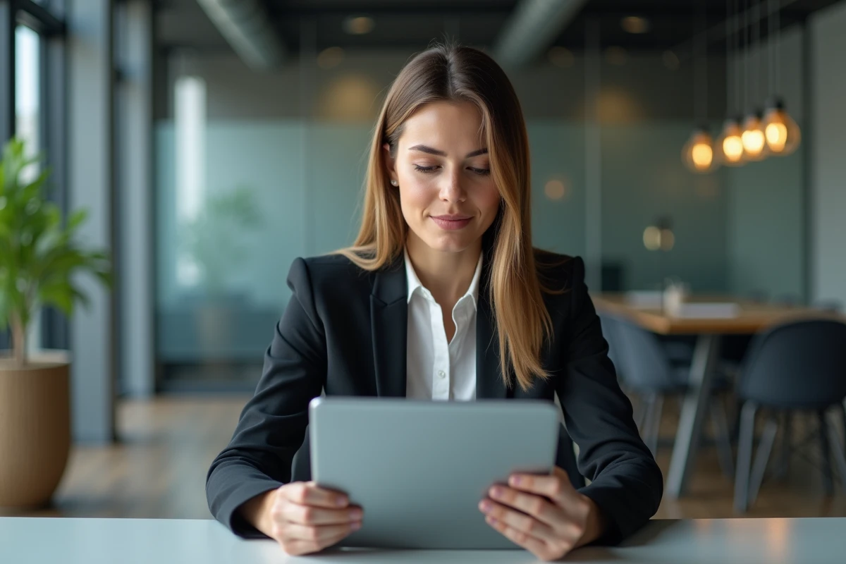 Femme professionnelle utilisant une tablette pour un workflow numérique