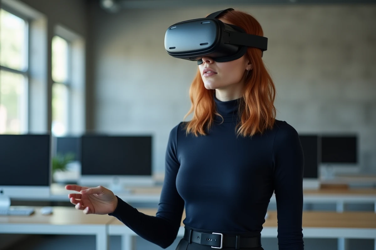 Femme portant le casque Pico 5 dans un espace de travail technologique, immergée dans une expérience de réalité virtuelle interactive