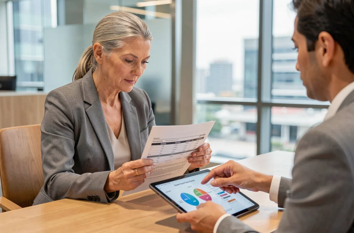 Femme en préretraite consultant un conseiller financier pour estimer sa pension de retraite