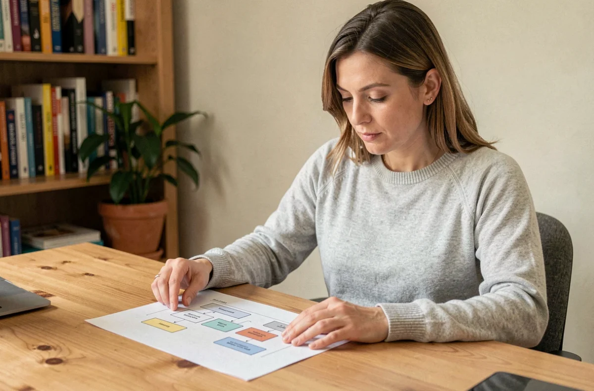 Femme consultant un plan de navigation de site web parental imprimé sur papier dans un bureau à domicile