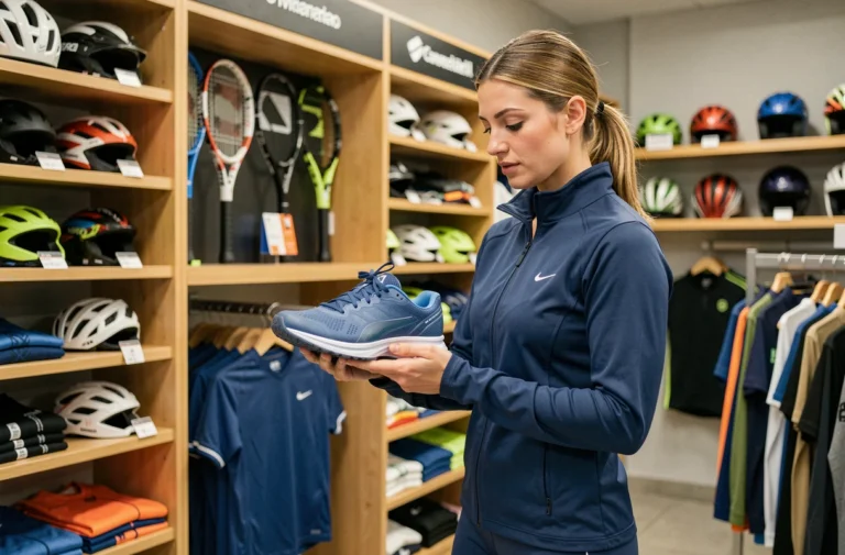 Femme sportive examinant des chaussures de running dans un magasin d'équipements sportifs en France