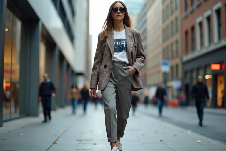 Femme stylée marchant en ville avec blazer et baskets