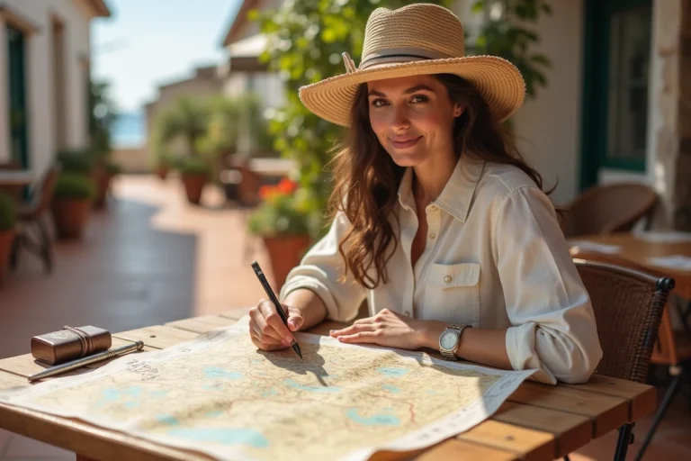 Femme planifiant un voyage sur mesure avec une carte papier et des notes manuscrites sur une terrasse méditerranéenne