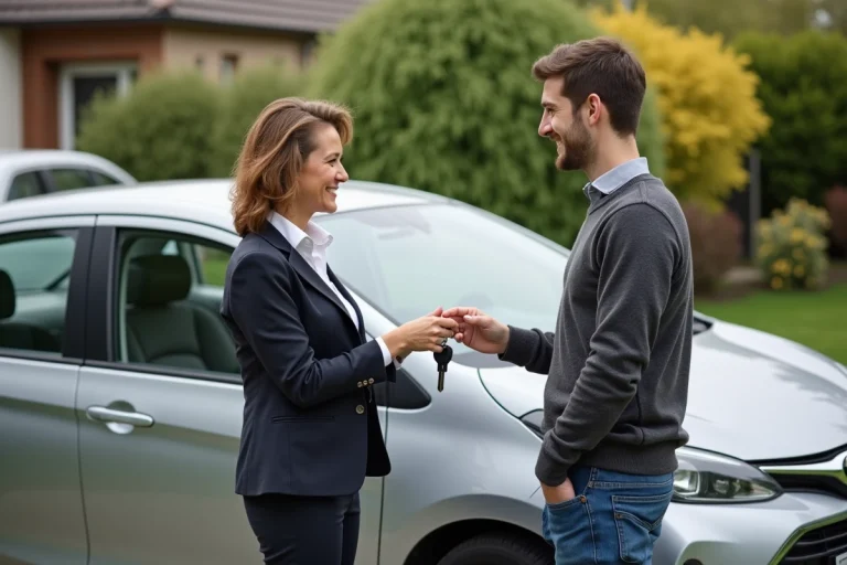 Femme d'âge moyen remet les clés de la voiture à un jeune homme souriant