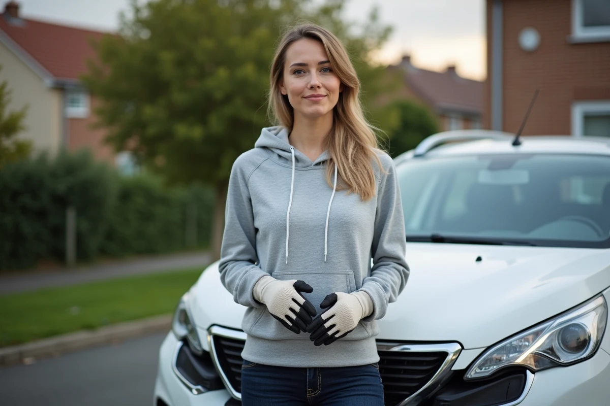 Femme tenant un phare de Peugeot 2008 sur une allée résidentielle