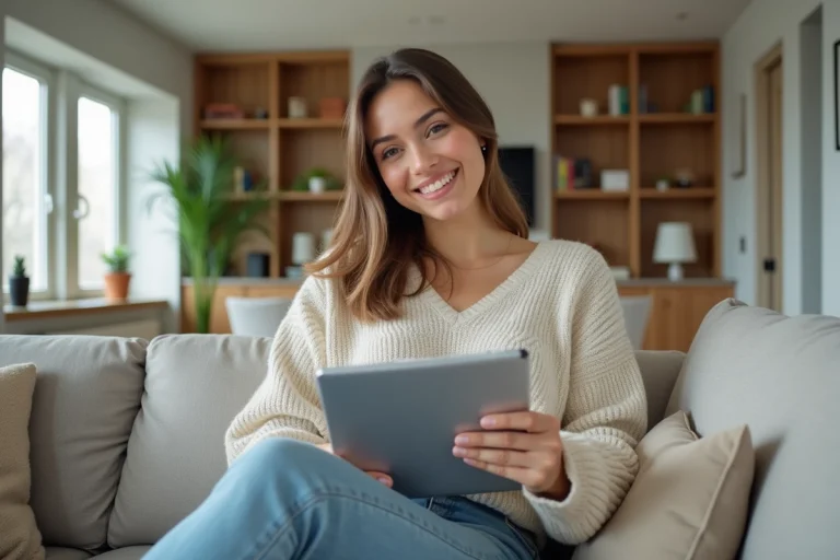 Femme souriante avec tablette dans un salon rénové