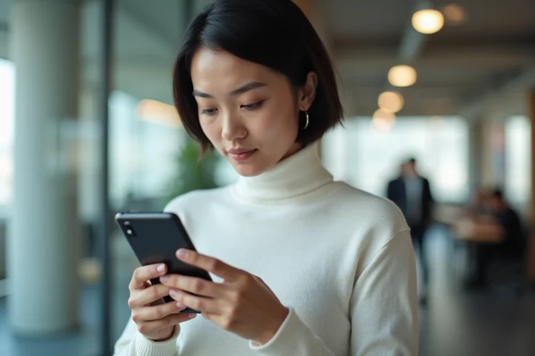 Femme explorant un smartphone pliable dans un bureau tech moderne, tendances technologiques 2024