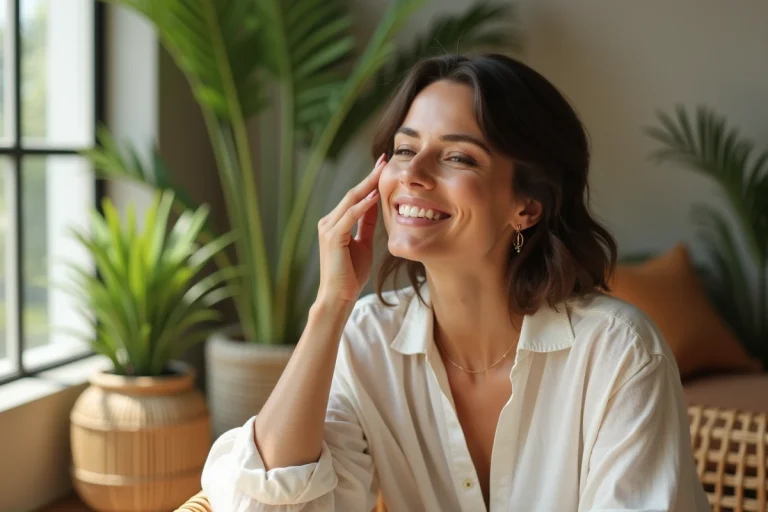 Femme appliquant un serum botanique dans un intérieur lumineux