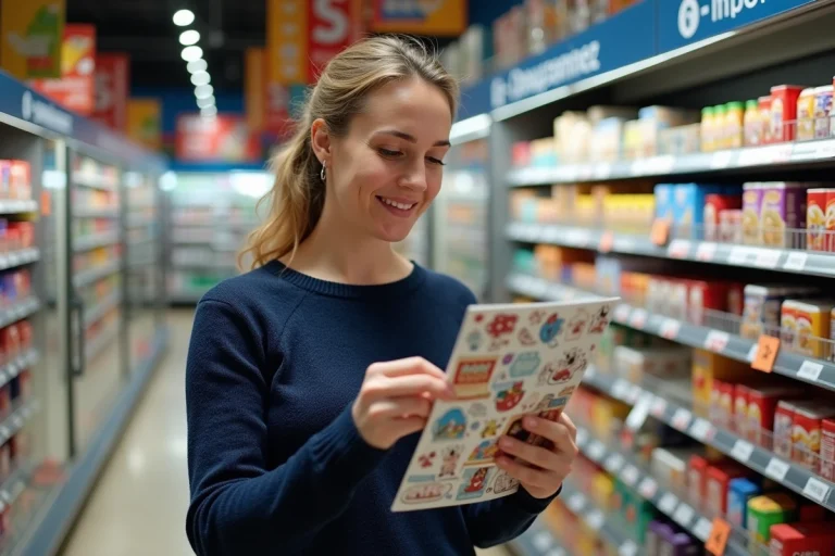 Femme consultant un carnet de vignettes Intermarché dans un rayon de supermarché en 2026