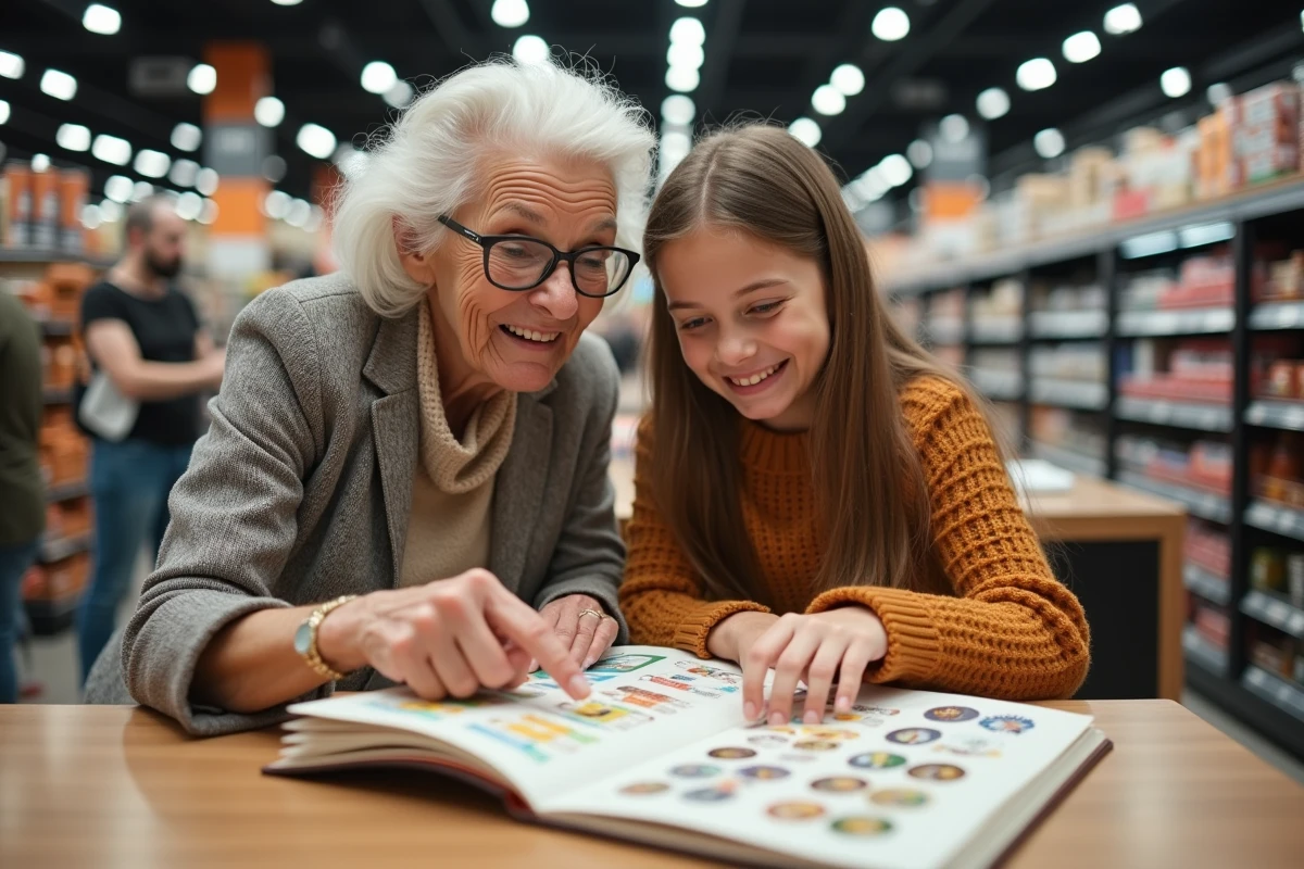 Grand-mère et petite-fille complétant ensemble un album de vignettes Intermarché à la caisse
