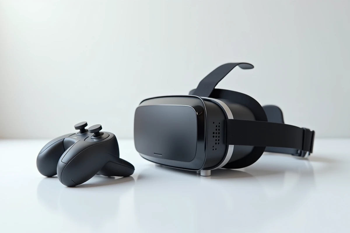 Gros plan du casque Pico 5 et de sa manette posés sur une surface blanche, mettant en valeur le design et les innovations technologiques du produit