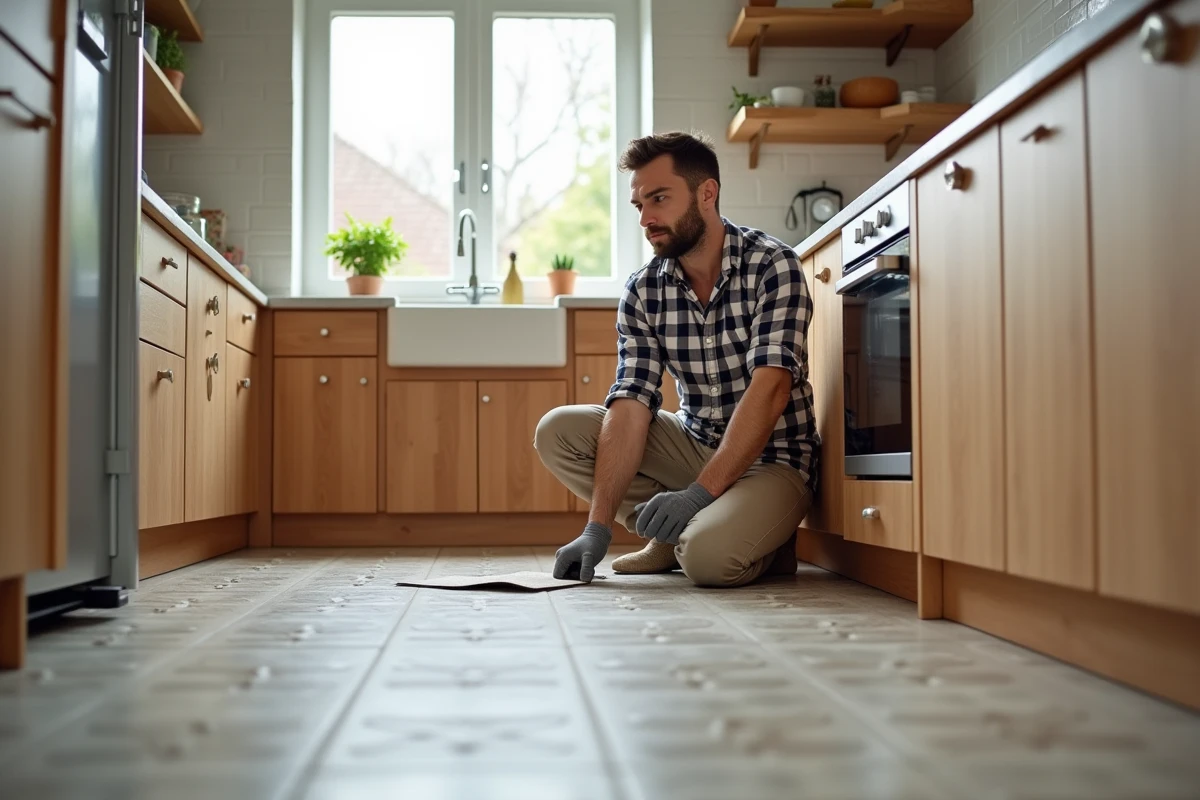 Homme posant des carreaux de cuisine modernes