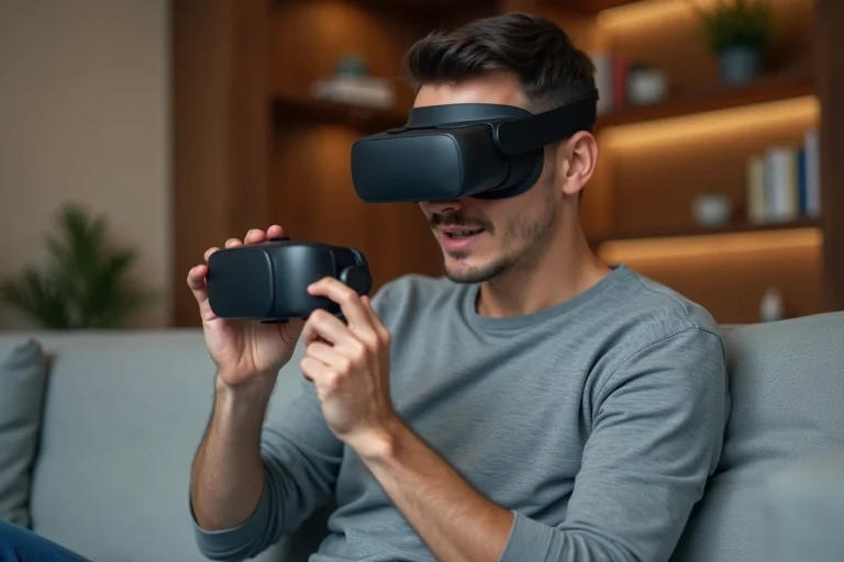 Homme tenant le casque Pico 5 dans un salon moderne, examinant le design compact et innovant du dispositif de réalité virtuelle